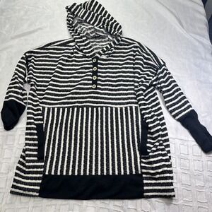 Heimish USA Hoodie Black White Stripe Kangaroo Pocket Large Wood Buttons